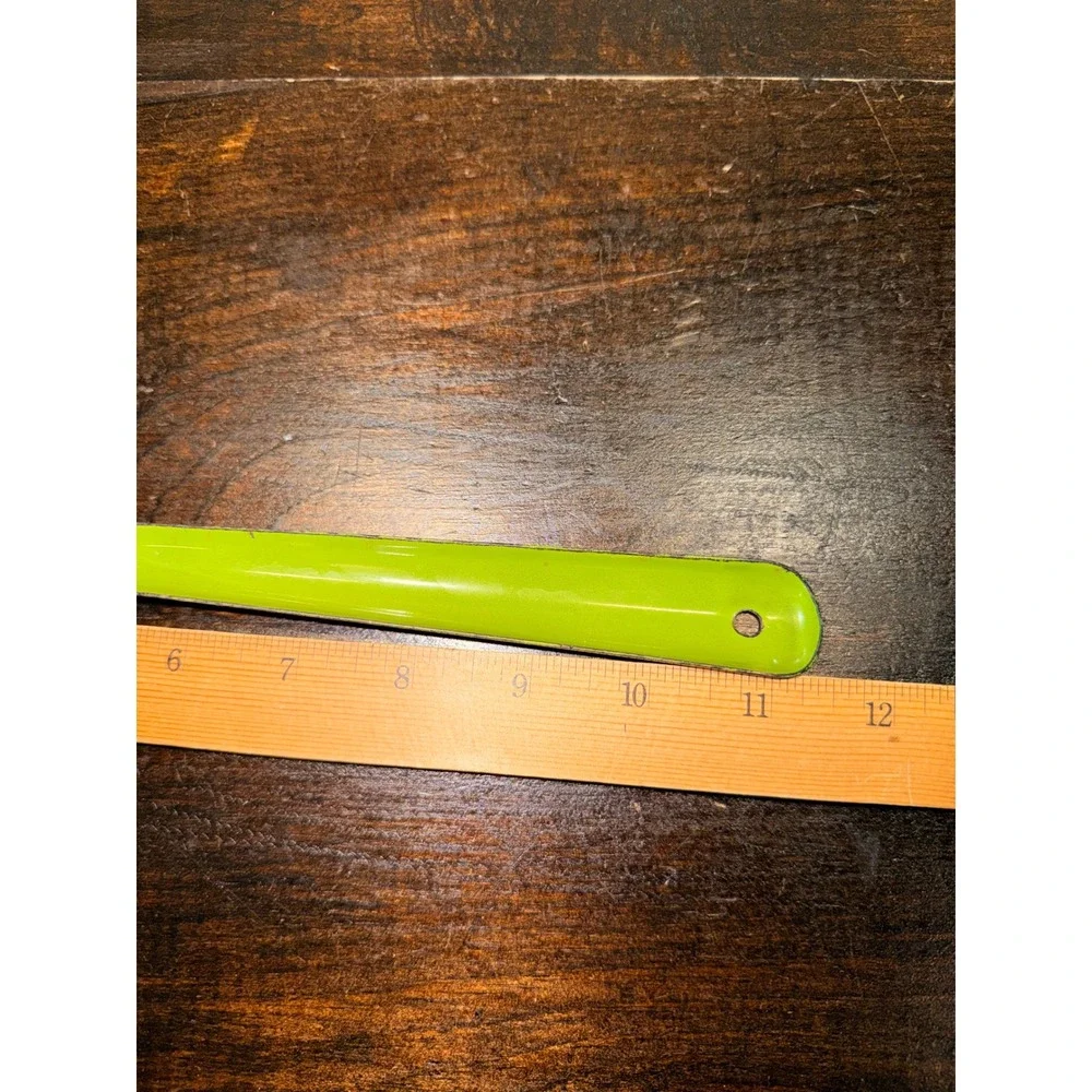 Vintage Lime Green Enamelware Slotted Spoon Retro Kitchen Serving Utensil 11.5